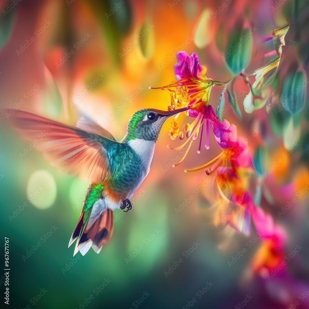 Obraz premium Hummingbird Feeding on Colorful Flowers