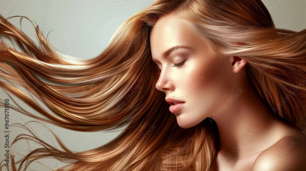 A woman with long, flowing hair delicately poses with her eyes closed, showcasing a serene expression against a softly lit backdrop A woman with long, flowing hair delicately poses with her eyes closed, showcasing a serene expression against a softly lit backdrop