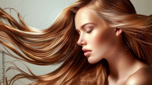 A woman with long, flowing hair delicately poses with her eyes closed, showcasing a serene expression against a softly lit backdrop