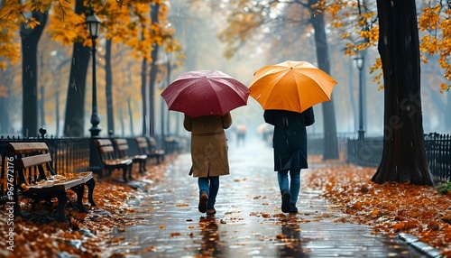 Couple strolling under an umbrella along a serene leaf-strewn park path on a rainy autumn day