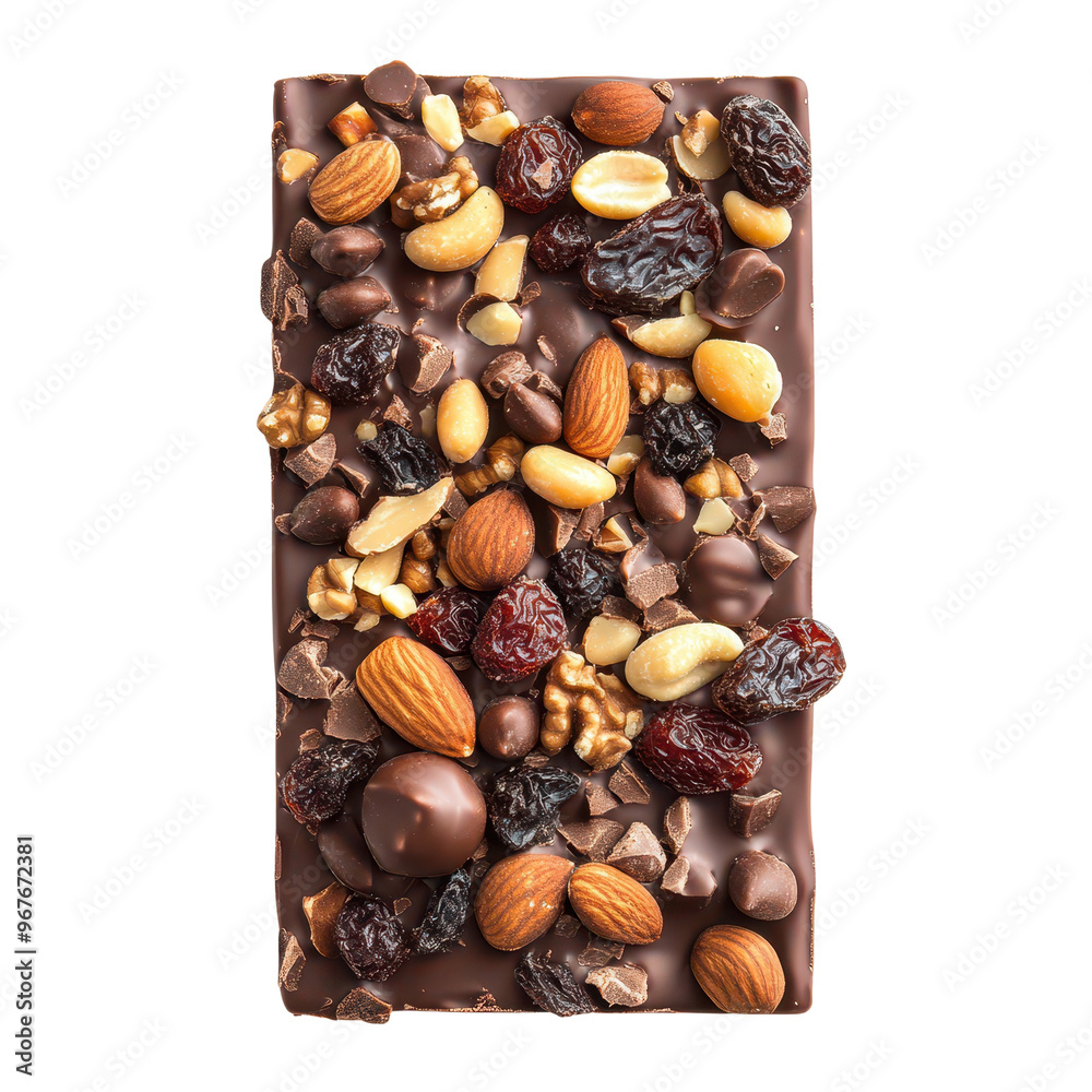 Delicious chocolate bar topped with an assortment of nuts, dried fruits, and chocolate pieces, perfect for sweet cravings. Delicious chocolate bar topped with an assortment of nuts, dried fruits, and chocolate pieces, perfect for sweet cravings.