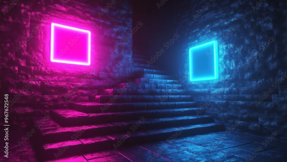 Neon Lights in a Dark Stone Corridor Neon Lights in a Dark Stone Corridor