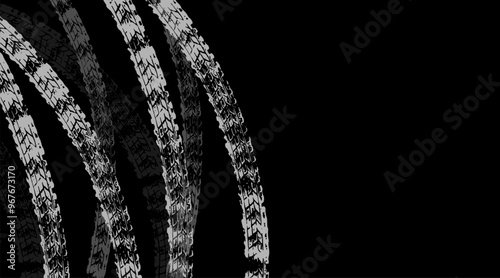 Grunge tire marks on black background, template for business card with copy space. Vector illustration.