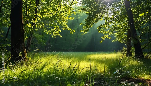 A peaceful clearing in the forest, sunlight shines on the grass through the leaves, surrounded by trees, giving people a feeling of tranquility and nature.