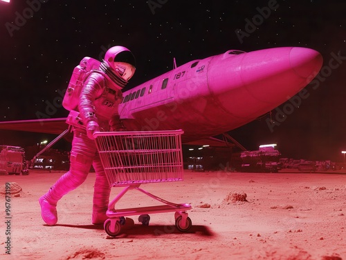 An astronaut explores a surreal landscape, pushing a shopping cart near a colorful spaceship, showcasing cosmic adventure and creativity.
