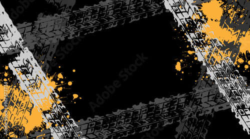 Grunge tire marks on black background, template for business card with copy space. Vector illustration.
