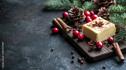 Festive holiday setting with creamy dessert topped with star anise, surrounded by cranberries, pinecones, cinnamon sticks, and evergreen branches on a dark rustic surface