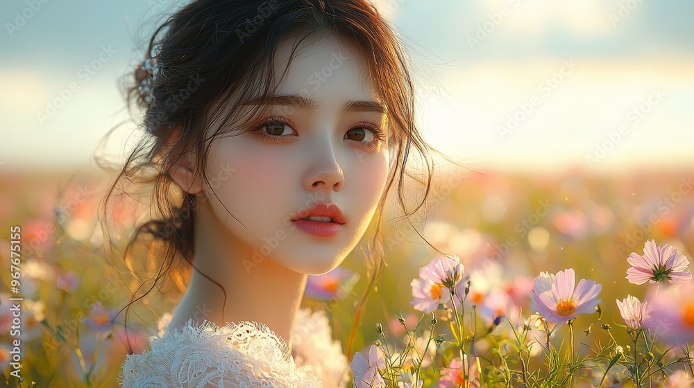 A Young Korean Bride in a Flowing Lace Gown Amidst a Field of Wildflowers at Dawn A Young Korean Bride in a Flowing Lace Gown Amidst a Field of Wildflowers at Dawn