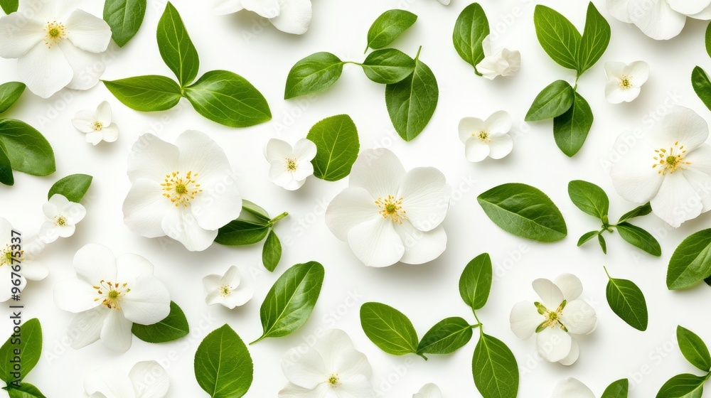 Obraz premium White Flowers and Green Leaves Pattern