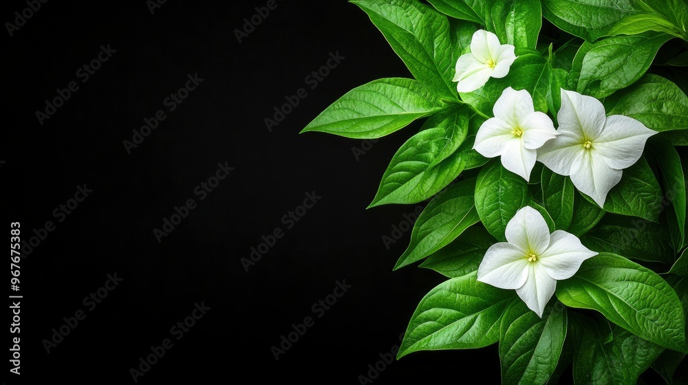 White Flowers with Green Leaves on Black Background