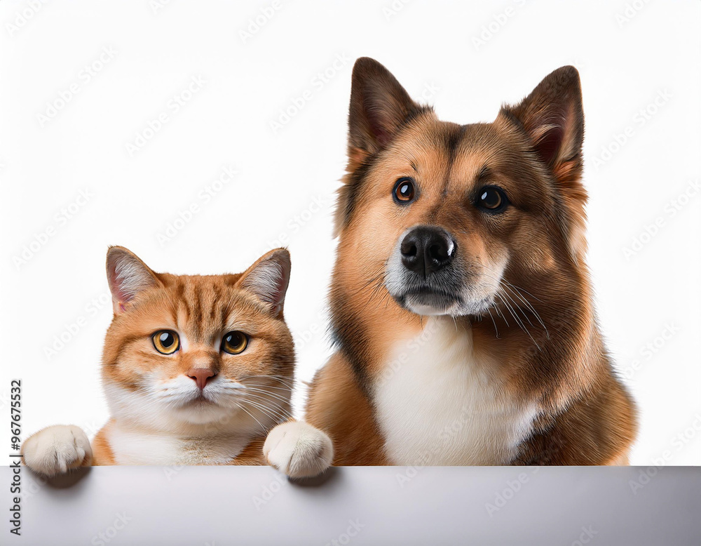 Cute Cat and Dog Against White Background Banner Design with Copy Space Cute Cat and Dog Against White Background Banner Design with Copy Space