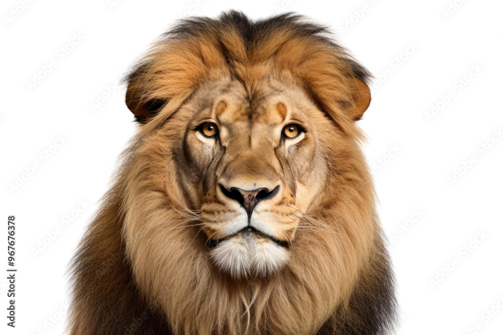 Close-up portrait of a lion with a piercing gaze and golden fur isolated on white background Close-up portrait of a lion with a piercing gaze and golden fur isolated on white background