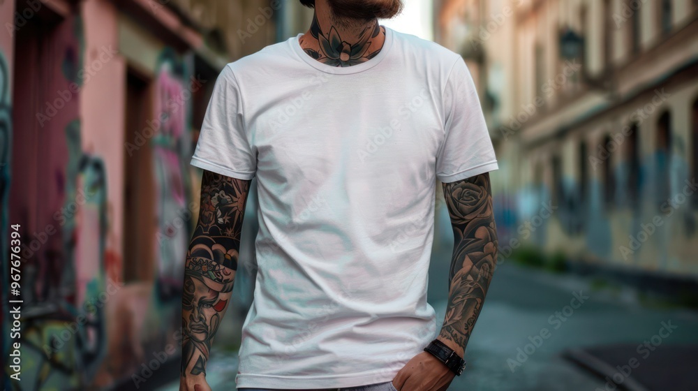 Mockup photo of man in oversized white tshirt with tattoos. Concept Photography Ideas, Apparel Showcase, Tattoo Display, Mockup Presentation, Stylish Fashion Mockup photo of man in oversized white tshirt with tattoos. Concept Photography Ideas, Apparel Showcase, Tattoo Display, Mockup Presentation, Stylish Fashion