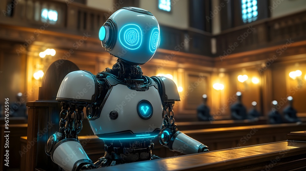 A human-like AI robot with neon-lit chains in a modern courtroom, glowing judge's bench with digital scales of justice, Steampunk, Illustration A human-like AI robot with neon-lit chains in a modern courtroom, glowing judge's bench with digital scales of justice, Steampunk, Illustration