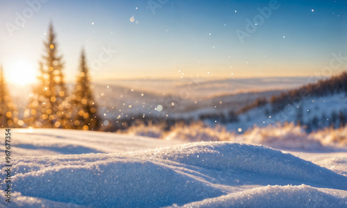 Winter snow background with snowdrifts, with beautiful light and snow flakes on the blue sky, beautiful bokeh circles, banner format, copy space.