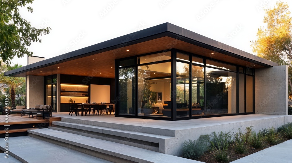 Fototapeta premium Modern Home Exterior with Concrete Patio and Steps
