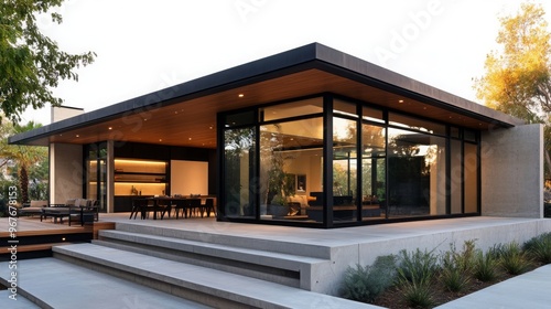 Modern Home Exterior with Concrete Patio and Steps