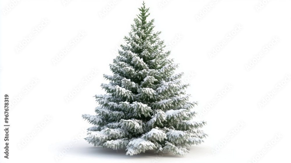 Snow-covered pine tree on white background encompasses winter serenity Snow-covered pine tree on white background encompasses winter serenity