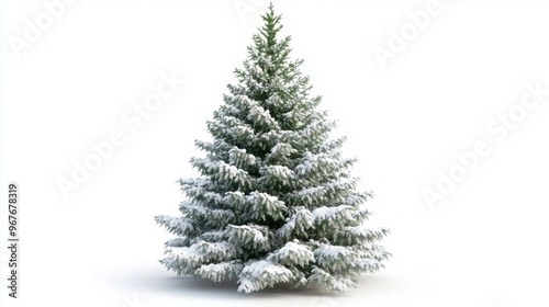 Snow-covered pine tree on white background encompasses winter serenity