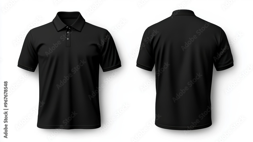 Black polo shirt design display featuring front and back views for fashion and apparel branding