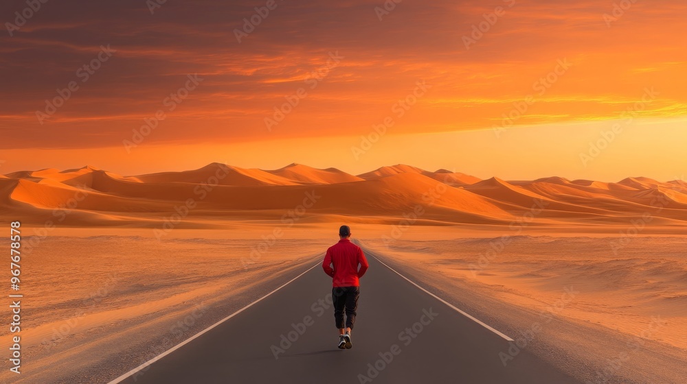 Runner in Desert at Sunset with Road Runner in Desert at Sunset with Road