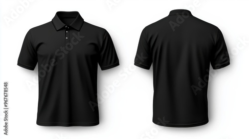 Black polo shirt design display featuring front and back views for fashion and apparel branding