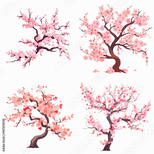 Four different trees with pink blossoms
