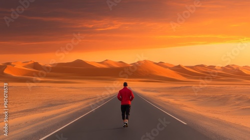 Runner in Desert at Sunset with Road