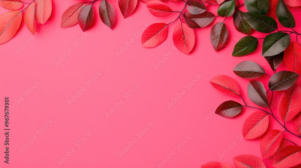Red and Green Leaves Border on Pink Background