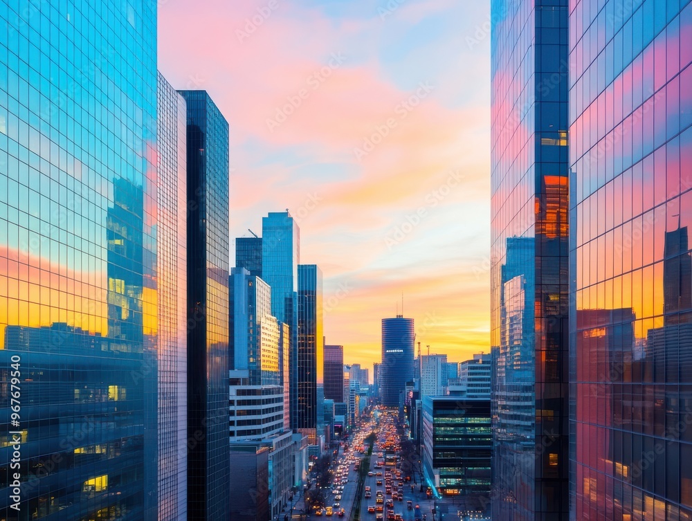 Obraz premium Stunning city skyline reflecting vibrant sunset colors on glass buildings, capturing urban beauty and evening tranquility.