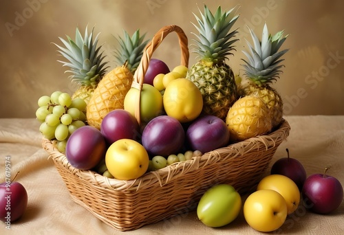 Freshness and variety of healthy fruits on wooden table generated by artificial intelligence