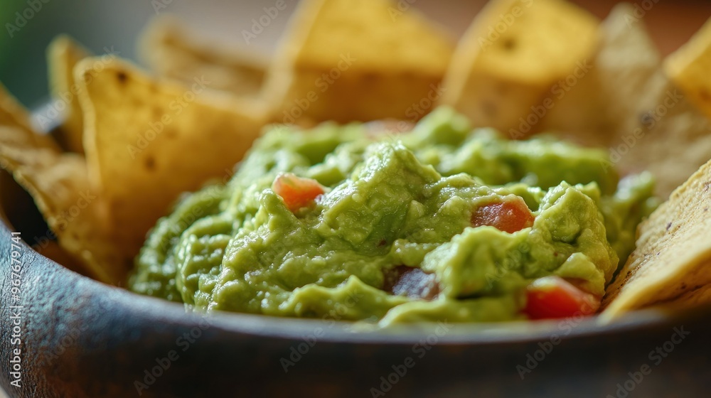 A bowl of guacamole served with tortilla chips, perfect for snacking or appetizers. A bowl of guacamole served with tortilla chips, perfect for snacking or appetizers.