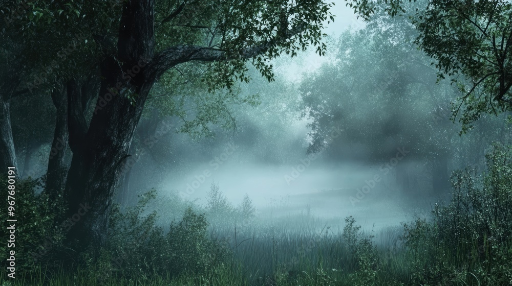 Misty forest morning with lush greenery and fog Misty forest morning with lush greenery and fog