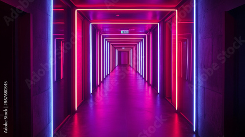 A vibrant corridor illuminated by neon lights in a modern building, emphasizing a futuristic ambiance and inviting exploration