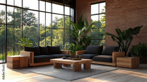 Modern Living Room with Brick Wall and Large Windows