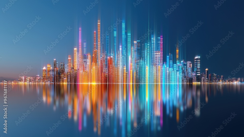 A cityscape reflected in a river or lake representing the harmony between nature and urban development A cityscape reflected in a river or lake representing the harmony between nature and urban development