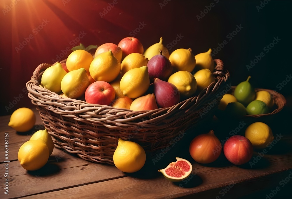Freshness and variety of healthy fruits on wooden table generated by artificial intelligence Freshness and variety of healthy fruits on wooden table generated by artificial intelligence