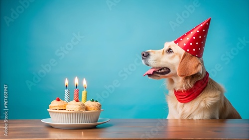 Cute dog celebrating with red pary hat and blow-out against a blue background and copy space to side. generative AI photo