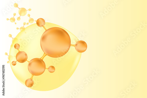 Beige, brown shiny molecule, futuristic background for beauty treatment nutrition skincare backdrop with copy space. Collagen, peptide or hyaluronic acid structure with gold bubble serum formula.