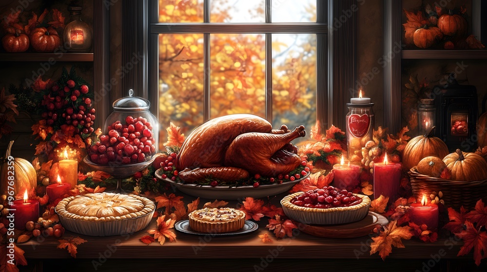 Fototapeta premium A cozy set of Thanksgiving illustrations featuring a traditional dinner table with roasted turkey, pies, and fall decorations. Warm colors and autumn leaves.