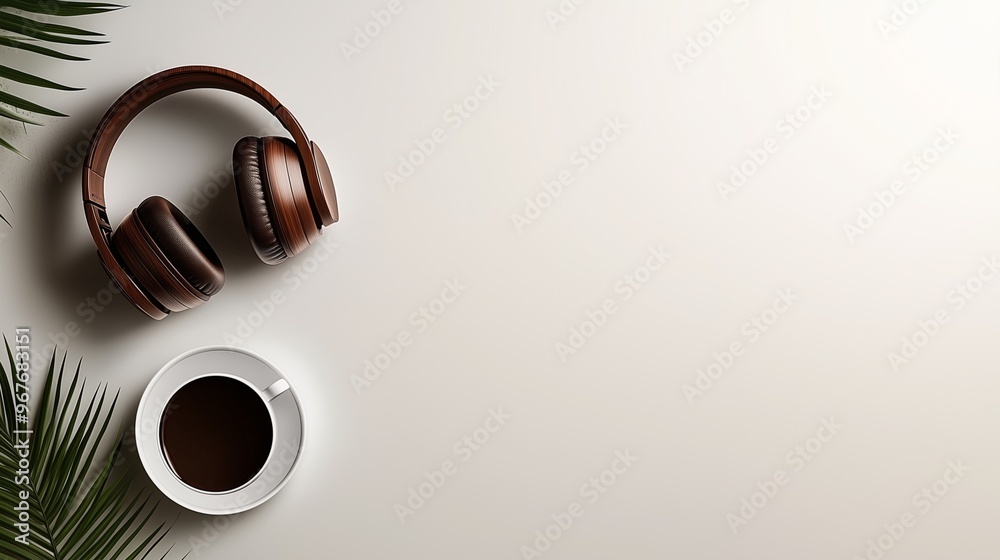 Minimalist background with headphones and a coffee cup on a white table Minimalist background with headphones and a coffee cup on a white table