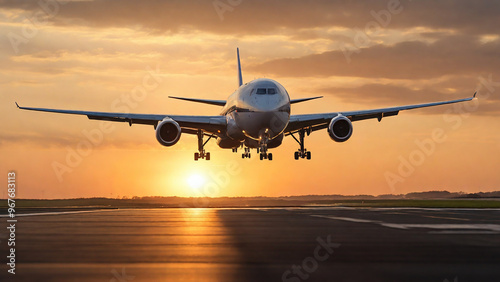 An airplane making its landing in airport, silhouetted against a dramatic sunset sky.