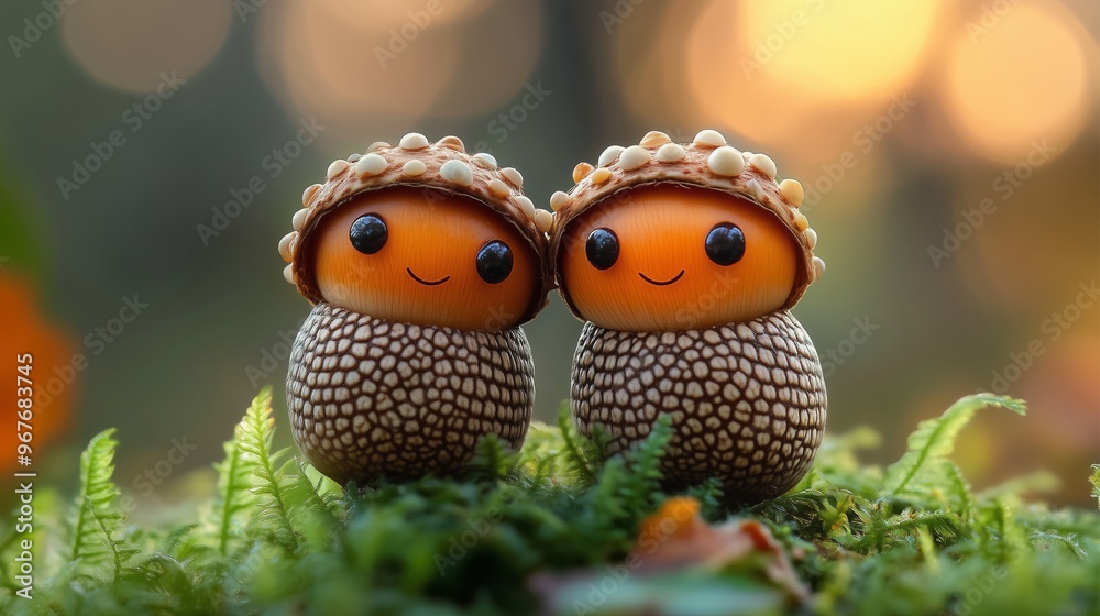 Fototapeta premium Two smiling acorns with cute eyes