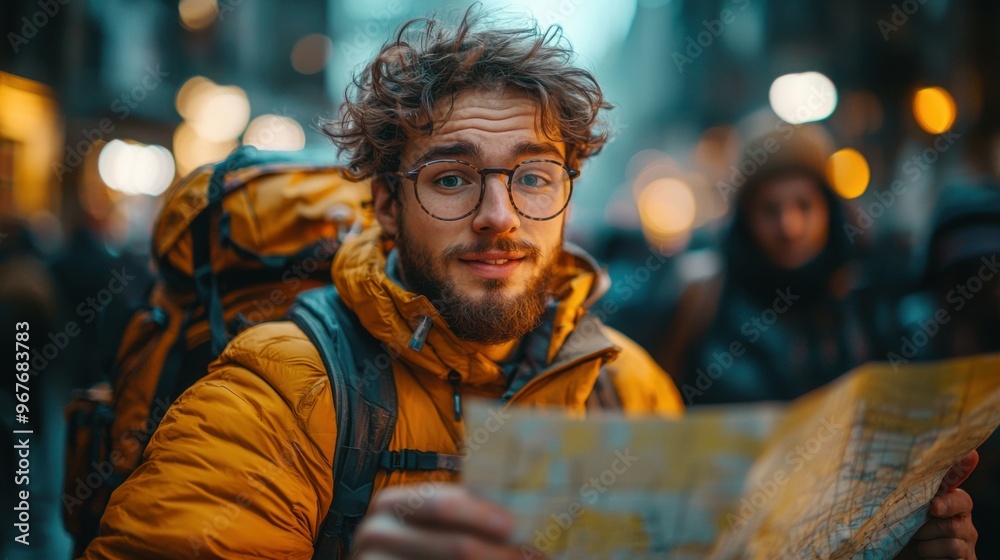 Fototapeta premium Young Traveler Navigates City Streets with Map in Hand