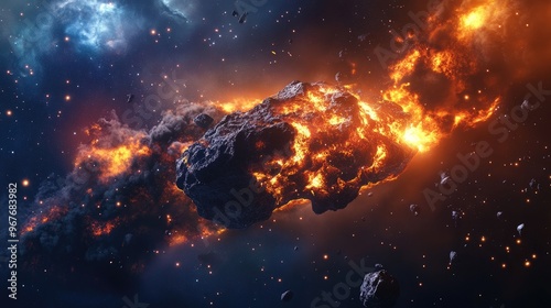 Burning asteroid hurls through space, flames licking the surface as cosmic debris scatters.