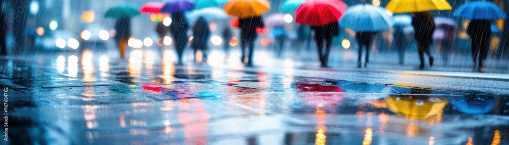 Fototapeta premium Colorful umbrellas brighten a rainy urban scene, reflecting on wet pavement as people stroll through the city.