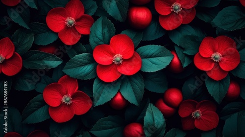Red Flowers and Green Leaves Background