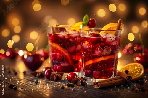 Two glasses of festive red punch with oranges, cherries, cinnamon sticks, and star anise, surrounded by a warm holiday bokeh.