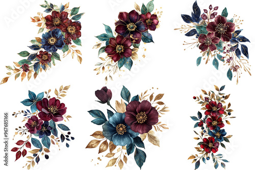 Fototapeta Naklejka Na Ścianę i Meble -  Burgundy and blue floral watercolor bouquets with gold leaves