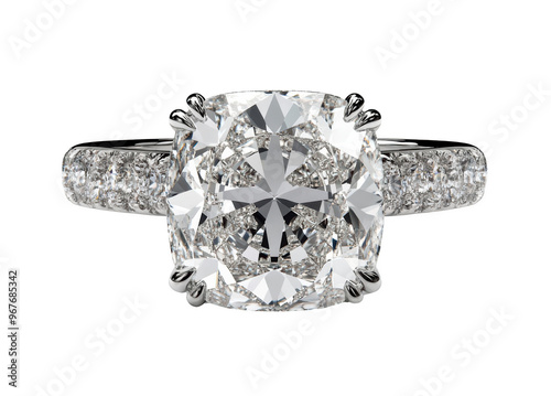 A stunning diamond engagement ring featuring large, sparkling center stone surrounded by smaller diamonds on band, radiating elegance and luxury. Perfect for special occasions. 